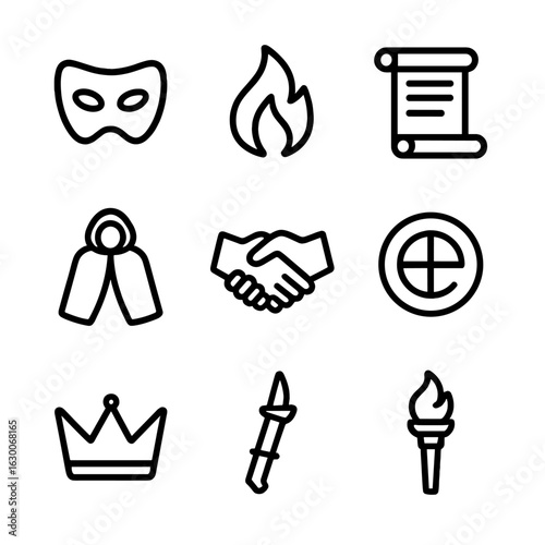 Initiation Ritual Icons. Outline icon set of initiation rituals: mask, flame, scroll, sword, cloak, handshake, symbol, crown,