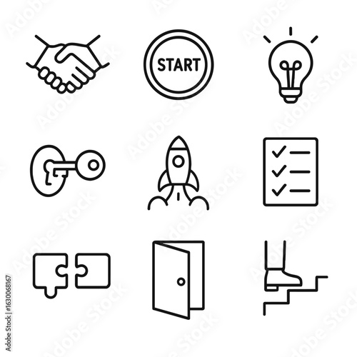 Initiation Icons Set. Outline icon set of initiation processes: handshake, start button, light bulb moment, key turning, rocket