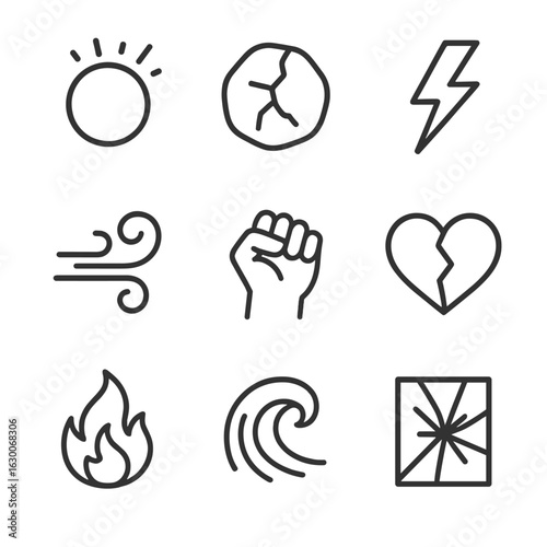 Inner Explosion Icons. Outline icon set of inner explosion: bursting bubble, cracked stone, thunderbolt, swirling wind, clenched