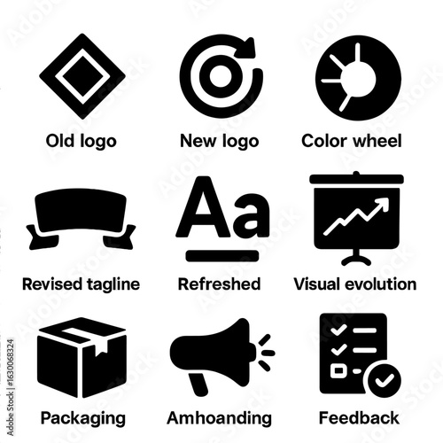 Modern Rebranding Icons. Solid, filled icons set of rebranding elements: old logo, new logo, updated color