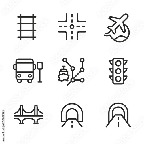 Transportation Icons Grid. Outline icon set of transportation connections: railroad track, road network, airport, ship route, bus