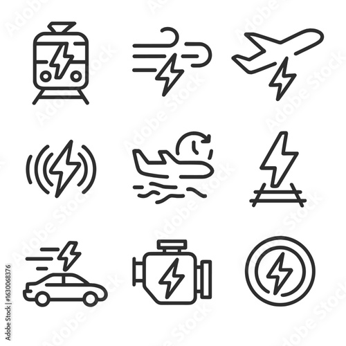 Transportation Thunder Icons. Outline icon set of thunder in transportation: thunder train, high-speed wind, sound waves, plane
