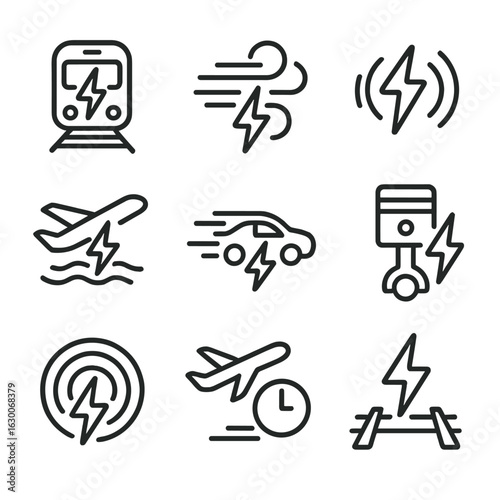 Transportation Thunder Icons. Outline icon set of thunder in transportation: thunder train, high-speed wind, sound waves, plane