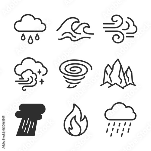 Inner Turmoil Icons. Outline icon set of inner turmoil: storm cloud, crashing waves, turbulent river, howling wind, dark sky,