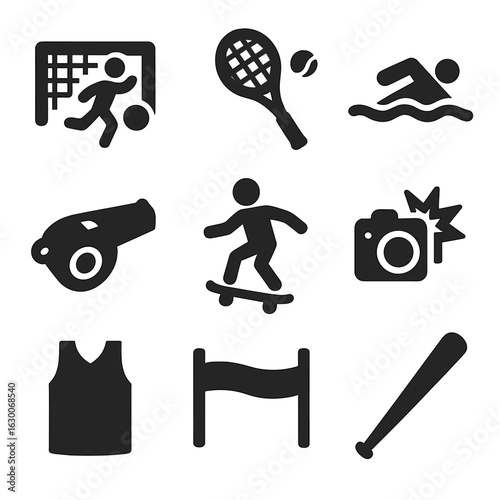 Modern Sports Icons. Solid, filled icons set of dynamic sports moments: soccer goal, tennis racket, swimmer,