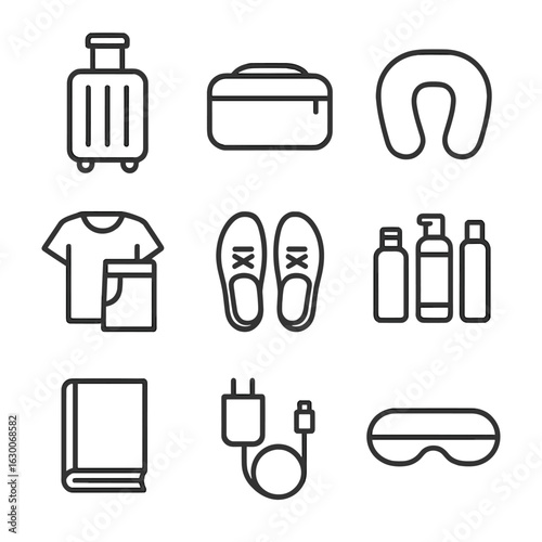 Travel Essentials Icons. Outline icon set of packing items: suitcase, toiletry bag, neck pillow, clothes, shoes, travel bottle set