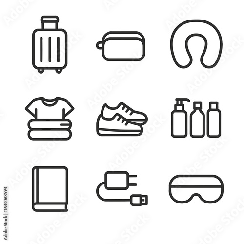 Travel Essentials Icons. Outline icon set of packing items: suitcase, toiletry bag, neck pillow, clothes, shoes, travel bottle set