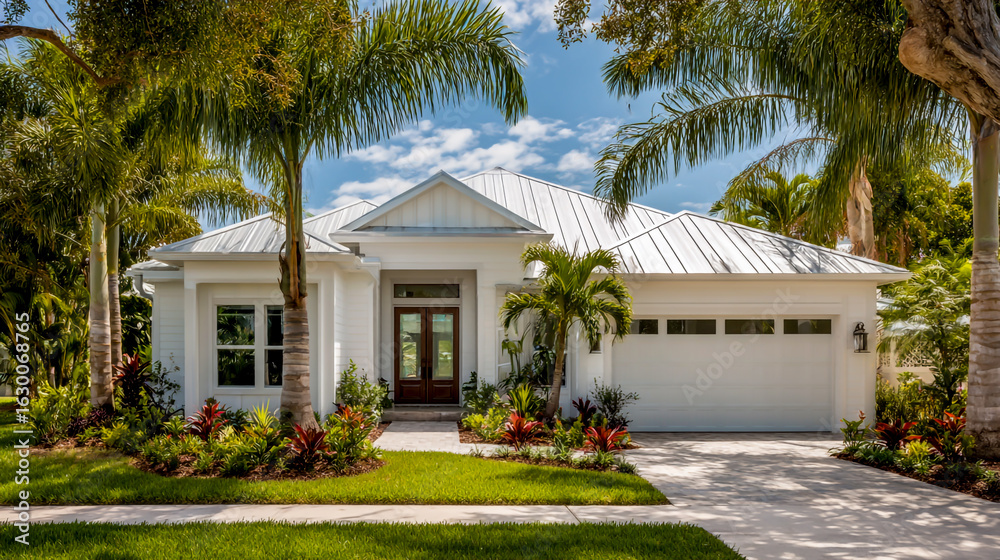 Fototapeta premium A white, modern one-story home with a garage in Florida, front view