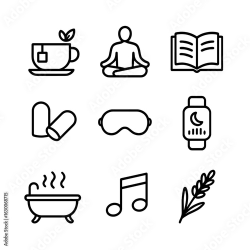 Insomnia Remedies Icons. Outline icon set of insomnia remedies: herbal tea, meditation, book reading, ear plugs, eye mask, sleep
