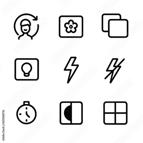 Instax Icon Set. Outline icon set of instax shooting modes: selfie mode icon, macro mode icon, double exposure icon, bulb exposure