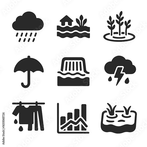 Monsoon Climate Icons. Solid, filled icons set of monsoon climate features: heavy rain cloud, flooding icon,