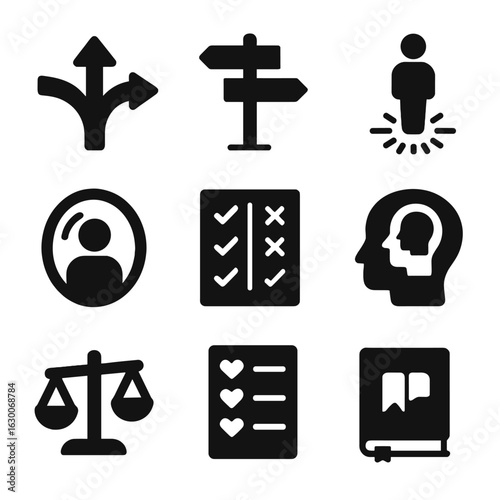 Moral Decision Icons. Solid, filled icons set of moral decision-making: decision fork icon, ethical choice