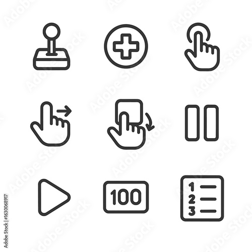 Interactive Gaming Icon Set. Outline icon set of interactive gaming controls: joystick, gamepad button, tap gesture, swipe action,