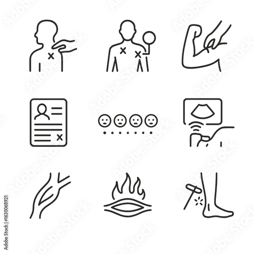 Trigger Point Icon Set. Outline icon set of trigger point diagnosis: palpation, pain mapping, muscle testing, patient chart, pain