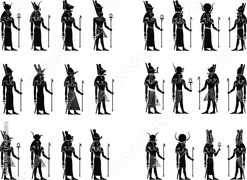 Ancient egyptian hieroglyphic glyphs depicting gods and goddesses in traditional attire with scepters and ankh symbols