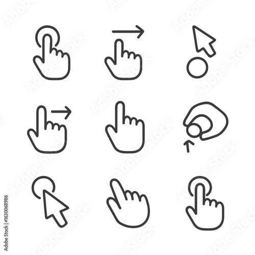 Interface Action Icons. Outline icon set of interface actions: click, drag, drop, swipe, scroll, zoom, hover, pinch, tap. Line