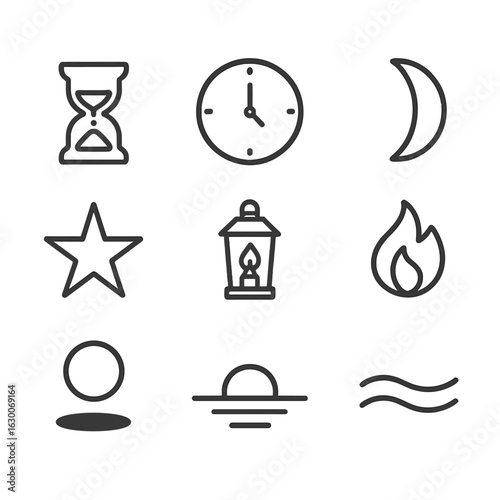 Twilight Symbol Icons. Outline icon set of twilight symbols: hourglass, clock, crescent, star, lantern, fire, shadow, horizon,