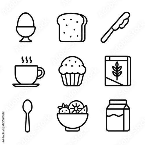 Morning Snack Icons. Outline icon set of morning snack making: boiled egg, slice of bread, jam spreader, cup