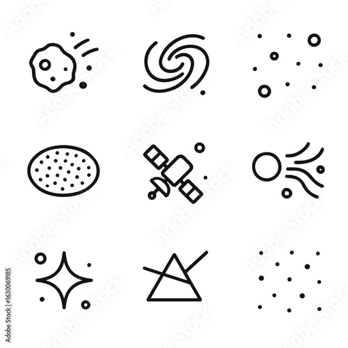Interstellar Icon Set. Outline icon set of interstellar vacuum scenes: drifting object, far-off galaxy, empty field, cosmic