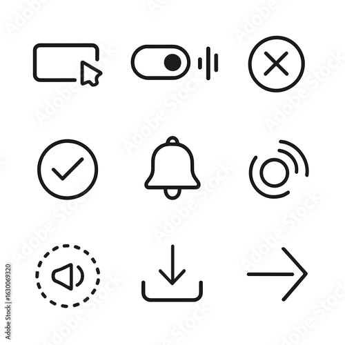 UI Sound Icon Set. Outline icon set of UI sound feedback: button click sound icon, toggle switch sound wave, error tone badge,