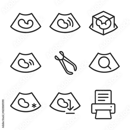 Ultrasound Icon Set. Outline icon set of ultrasound imaging: grayscale image, color Doppler, 3D scan, real-time imaging,