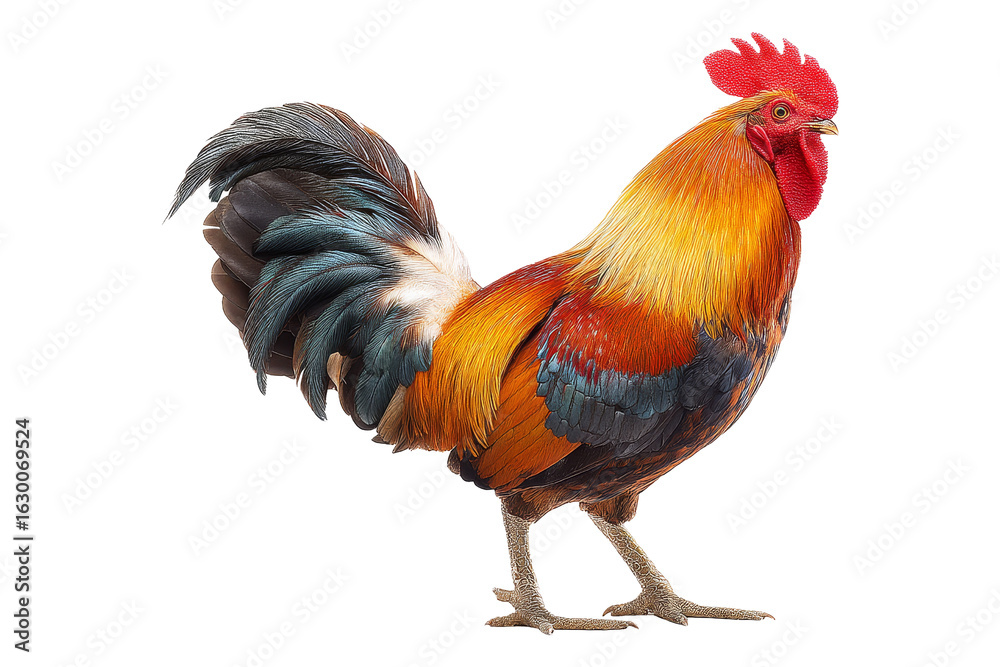 Fototapeta premium Rooster displaying vibrant feathers farm animal