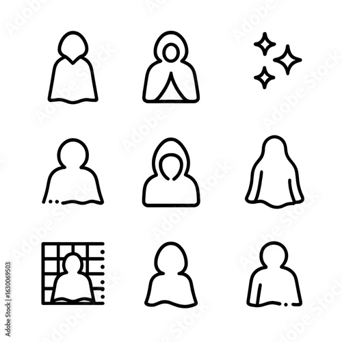 Invisibility Cloak Icons. Outline icon set of invisibility cloak: cloak silhouette, hidden figure outline, shimmer effect, fade