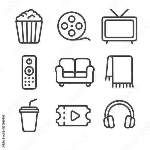 Movie Night Icons. Outline icon set of home movie night: popcorn bucket, film reel, television, remote control