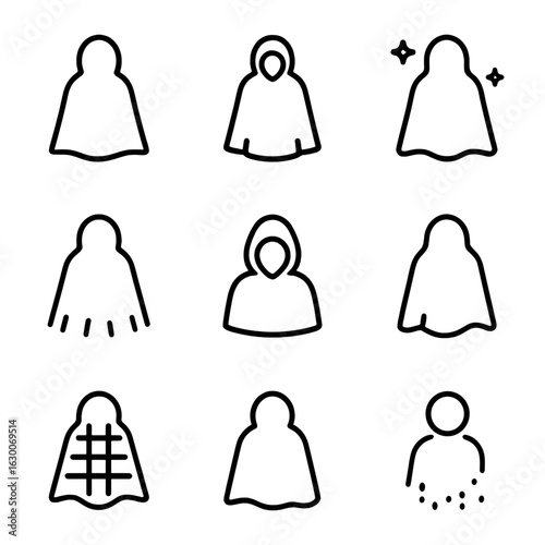 Invisibility Cloak Icons. Outline icon set of invisibility cloak: cloak silhouette, hidden figure outline, shimmer effect, fade