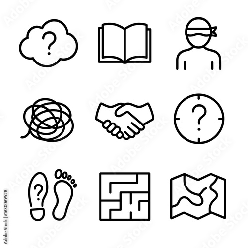 Uncertainty Icon Set. Outline icon set of uncertainty in life: question cloud, open book, blindfolded figure, tangled thread,
