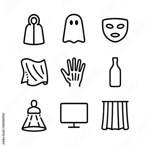 Invisibility Icon Set. Outline icon set of invisible and see-through: invisibility cloak, ghost silhouette, transparent mask,