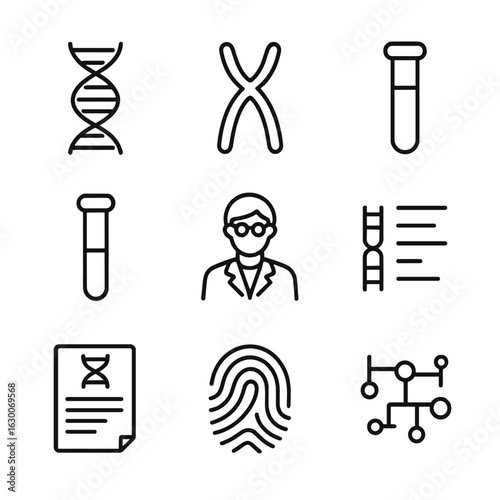 DNA Analysis Icons. Outline icon set of ancestry DNA analysis: double helix, chromosome, genetic marker, test tube, lab technician