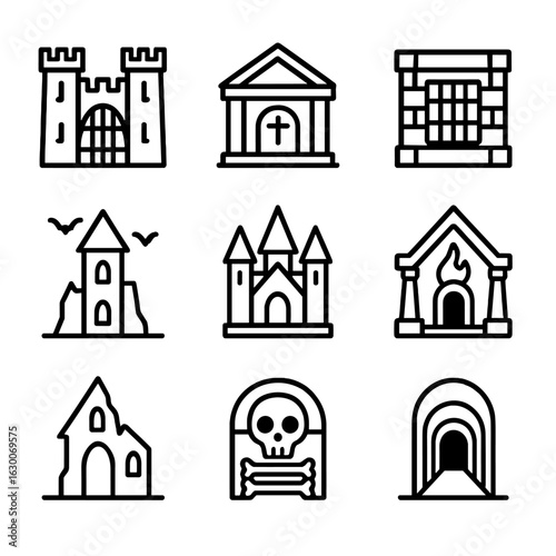 Underworld Architecture Icons. Outline icon set of underworld architecture: dark fortress, crypt, dungeon cell, haunted tower,