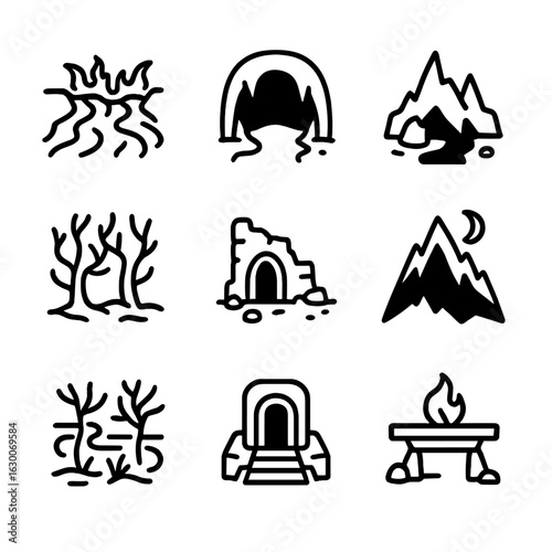 Underworld Icon Set. Outline icon set of underworld landscapes: lava river, dark cave, abyssal chasm, haunted forest, cursed ruins