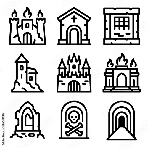 Underworld Architecture Icons. Outline icon set of underworld architecture: dark fortress, crypt, dungeon cell, haunted tower,