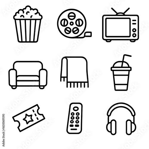 Movie Night Icons. Outline icon set of home movie night: popcorn bucket, film reel, television, remote control
