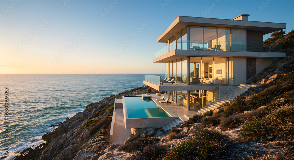 Fototapeta premium Luxury ocean view home with pool and modern architecture design for real estate and vacation rentals