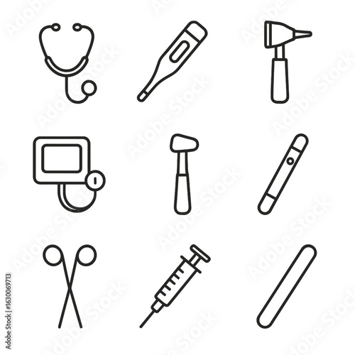 Doctor's Bag Essentials. Outline icon set of doctor's bag essentials: stethoscope, thermometer, otoscope, blood pressure cuff,
