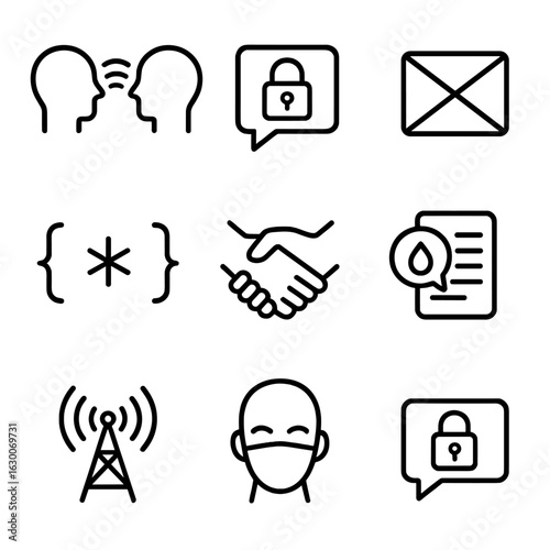 Unseen Communication Icons. Outline icon set of unseen communication: telepathic waves, encrypted signals, silent messages, hidden