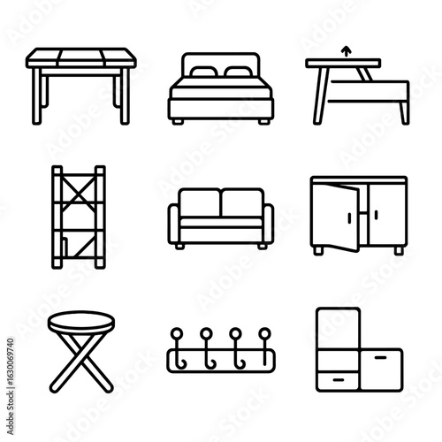 Multifunctional Furniture Icons. Outline icon set of multifunctional furniture: extendable dining table,