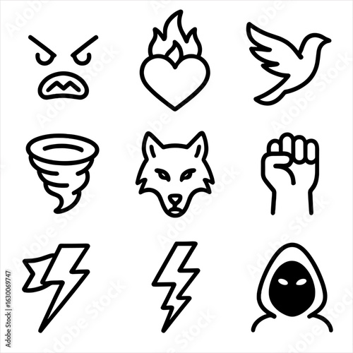 Untamed Emotions Icons. Outline icon set of untamed emotions: fury, passion, freedom, chaos, wildness, courage, rebellion, energy,