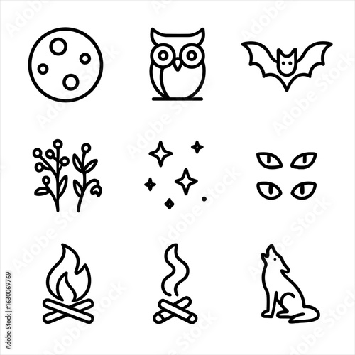 Untamed Night Icons. Outline icon set of untamed night: full moon, owl, bat, wildcat, nocturnal plants, starry sky, glowing eyes,