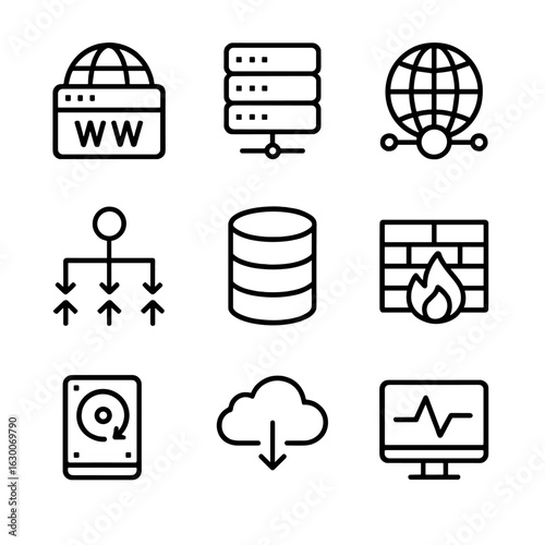 Domain Infrastructure Icons. Outline icon set of domain infrastructure: web hosting, server, CDN, load balancer, database,