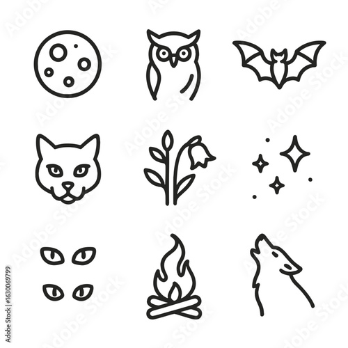 Untamed Night Icons. Outline icon set of untamed night: full moon, owl, bat, wildcat, nocturnal plants, starry sky, glowing eyes,