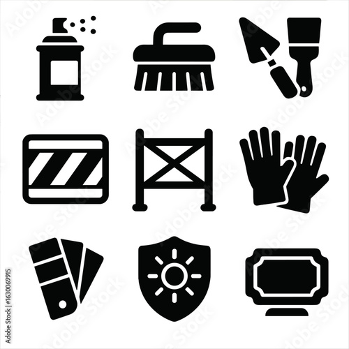 Mural Preservation Icons. Solid, filled icons set of mural preservation: clear coating spray, cleaning brush,