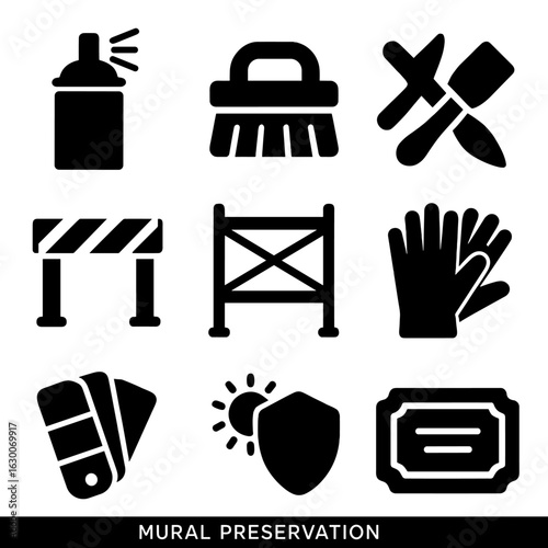 Mural Preservation Icons. Solid, filled icons set of mural preservation: clear coating spray, cleaning brush,