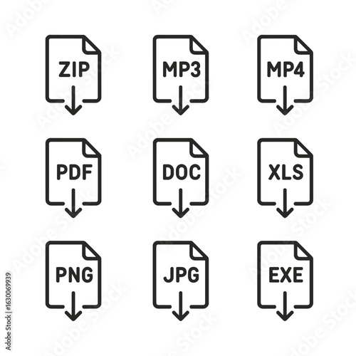 Download Icon Collection. Outline icon set of download file formats: ZIP download, MP3 download, MP4 download, PDF download, DOC
