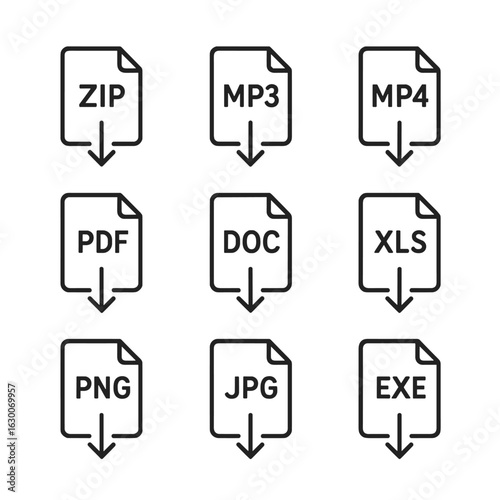 Download Icon Collection. Outline icon set of download file formats: ZIP download, MP3 download, MP4 download, PDF download, DOC
