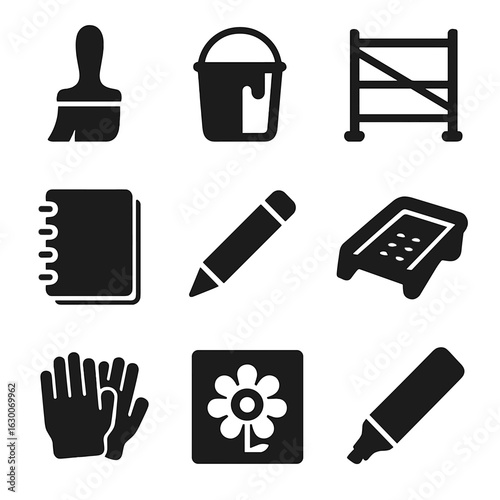 Mural Tools Icons. Solid, filled icons set of mural creation tools: brush, paint bucket, scaffolding,