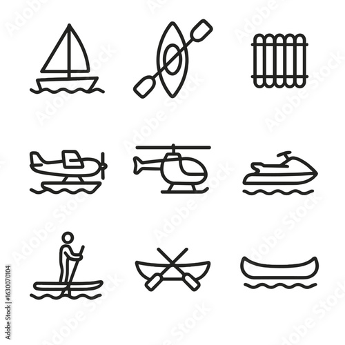 Island Transport Icons. Outline icon set of island transportation: sailboat, kayak, raft, seaplane, helicopter, jet ski,